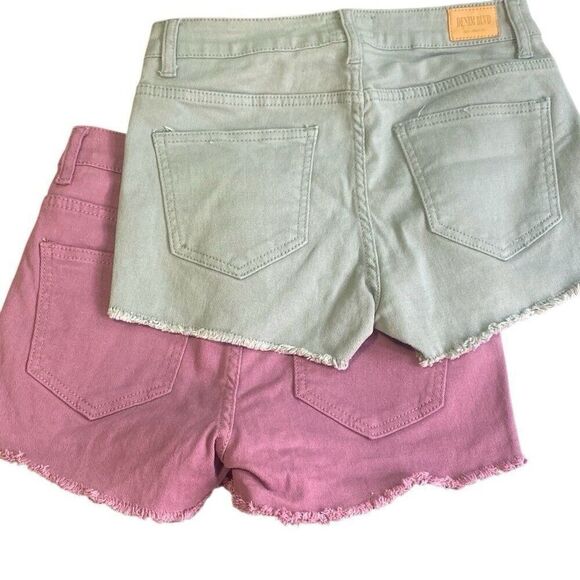2 PAIR Denim Blvd Mid Rise Cut Off Jean Shorts Sz 5 Sm Blue Green & Lilac Bundle - Picture 2 of 6